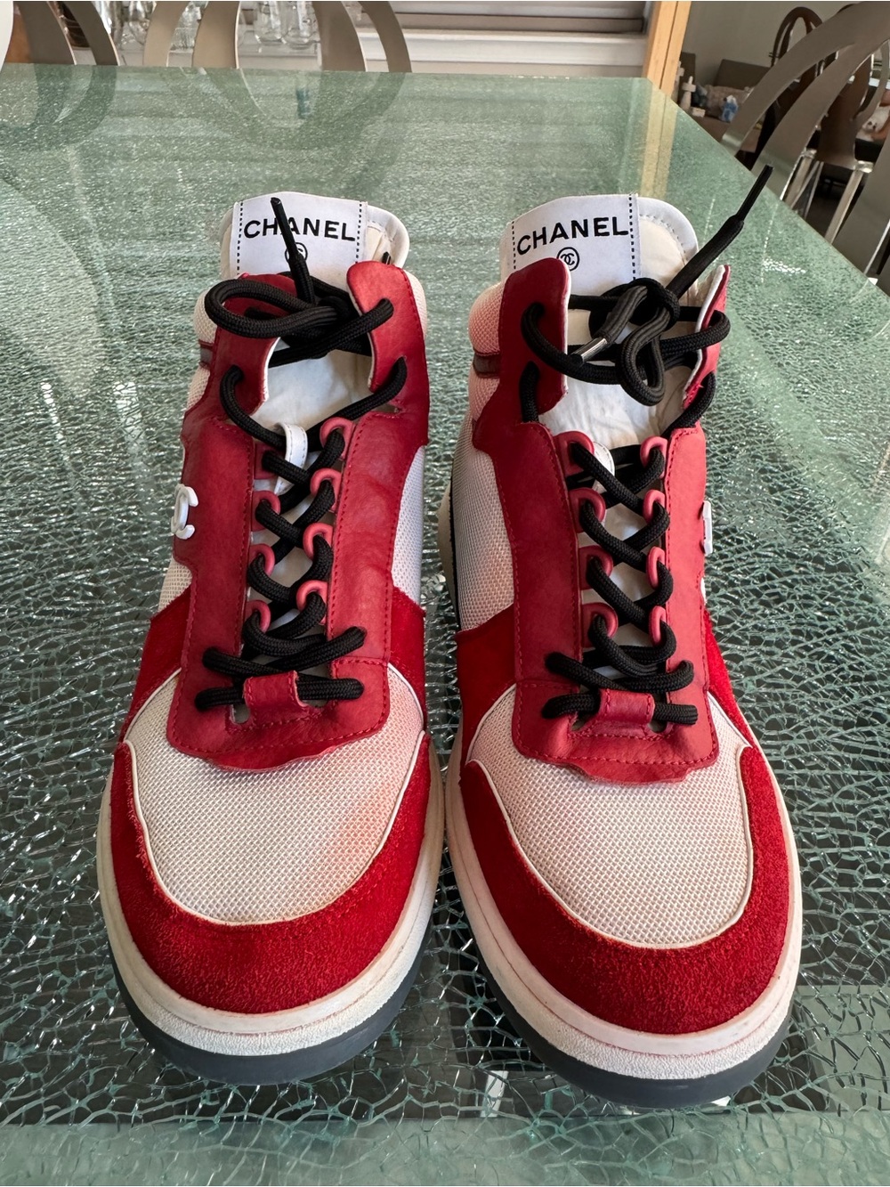 CHANEL Red & White womens Suede Mesh Sneakers 39